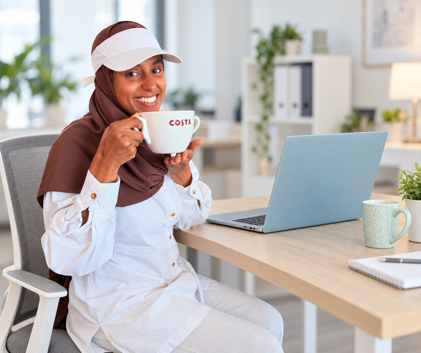 Meti Mulugeta smiling at her desk with a coffee